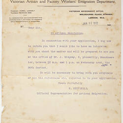 Letter - Victorian Artisan and Factory Workers' Emigration Department, 22/01/1912