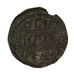 Coin, round, the moneyer's name in three lines; the first and last portions being within lunettes.