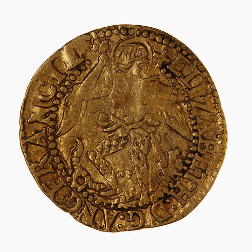 Coin, round, at centre, man piercing a dragon in the mouth, both feet in front of the dragon.