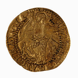 Coin, round, at centre, man piercing a dragon in the mouth, both feet in front of the dragon.