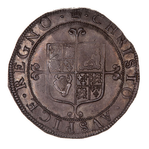 Coin, round, Square topped shield on cross fleury, quartered with arms of England, France, Scotland, Ireland.