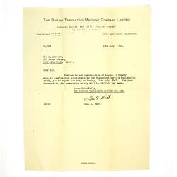 Letter - 'The British Tabulating Machine Company Limited', Jul 1947