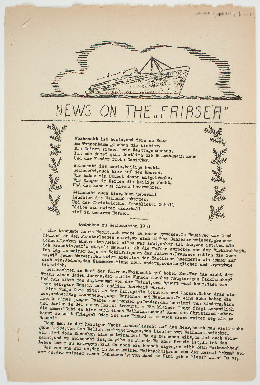 Shipboard Newsletter - News on the Fairsea, MV Fairsea, 1953