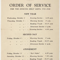 Leaflet - Order of Service, East Melbourne Hebrew Congregation, 1940