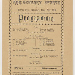 Programme - Eight Hours' Anniversary Sports, 1894