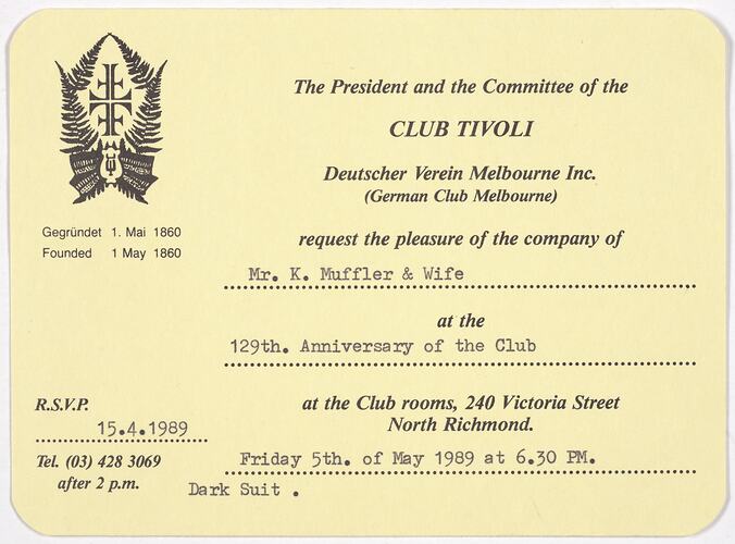 Invitation - Club Tivoli Anniversary, 1989