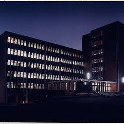 Photograph - Kodak Australasia Pty Ltd, Exterior Front View at Night of Building 8, Head Office & Sales & Marketing at the Kodak Factory, Coburg, circa 1965