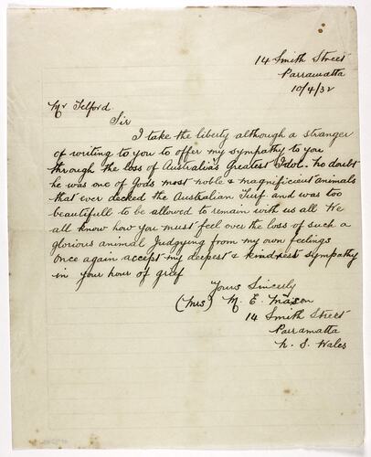 Letter - Mason to Telford, Phar Lap's Death, 10 Apr 1932