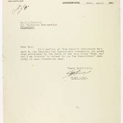 Letter - Waggamba Shire Council to Telford, Phar Lap's Death, 20 Apr 1932