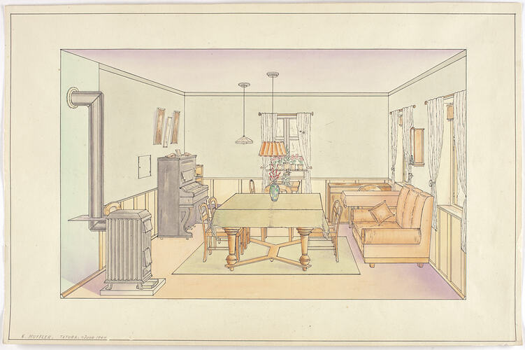 Drawing - Living Room, Karl Muffler, 1944