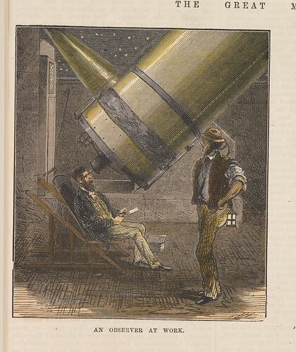 Two men with Great Melbourne Telescope, one seated and looking through lens.