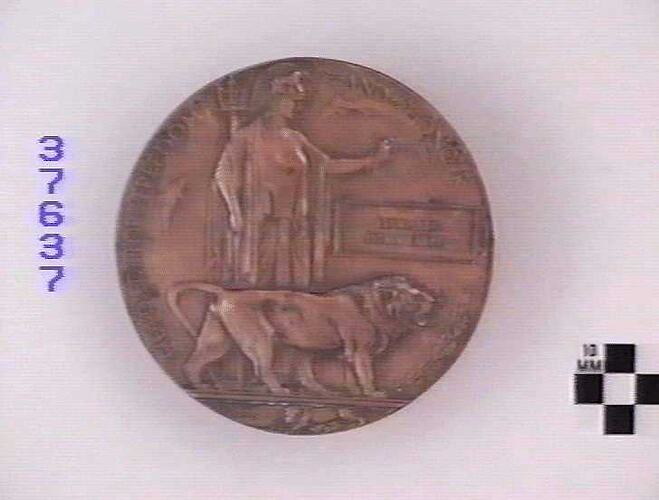 Round bronze coloured medal with lion standing side on, in front of woman and text surrounding.