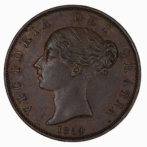 Coin - Halfpenny, Queen Victoria, Great Britain, 1854 (Obverse)