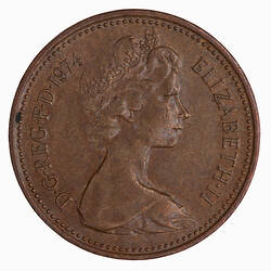Coin - 1 New Penny, Elizabeth II, Great Britain, 1974 (Obverse)
