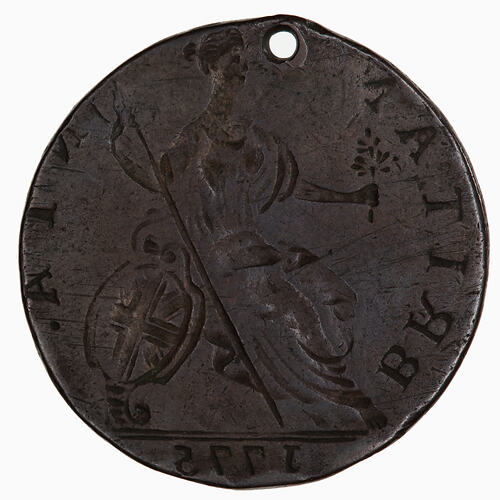 Coin - Halfpenny Brockage, George III, Great Britain, 1775 (Obverse)