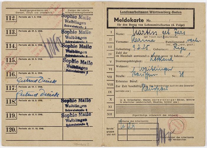 Ration Card - Issued to Karina Nartiss, Germany, 1947-1948