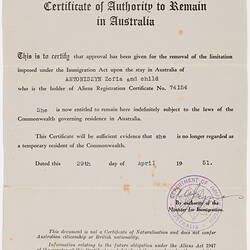 Certificate - Authority to Remain in Australia, 1951