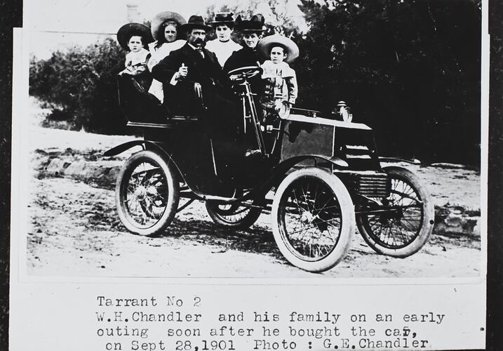 Tarrant Motors Co, Mr Chandler and Family on Tarrant Number Two Motor Car, Melbourne, Victoria, 28 Sep 1901