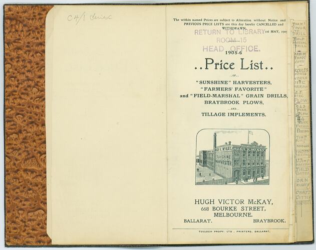 Price List - H.V. McKay, Season 1905-6, Agricultural Equipment, Issued to S. McKay, 1905