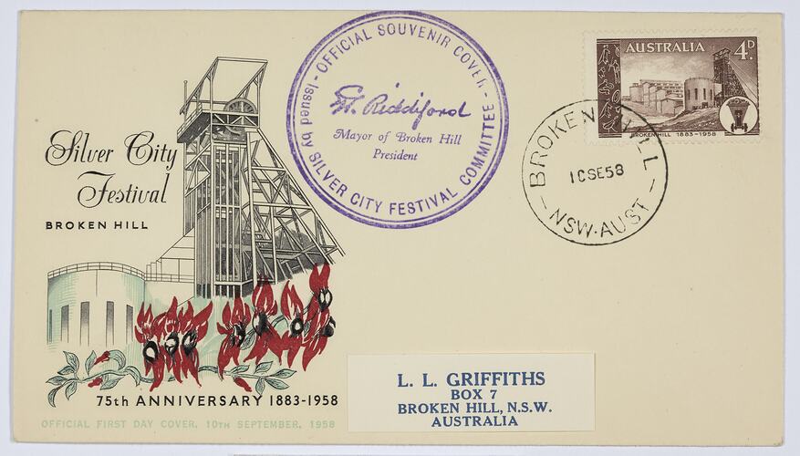 First Day Cover - 75th Anniversary of Broken Hill, 4 Pence, Australia, 10 Sep 1958