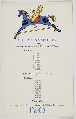 Programme - Children's Sports, SS Strathmore, P&O Lines
