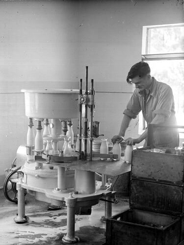[Bottling milk at the Tecoma Dairy, December 1945.]