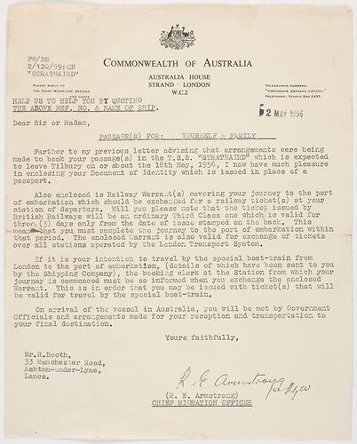 Letter - Information & Documentation for Passage to Australia, Commonwealth of Australia to Ron Booth, 2 May 1956