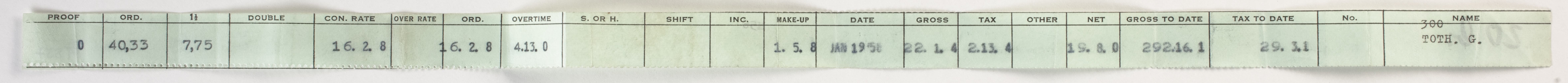 Pay Slip - Issued to Julius Toth, Jan 1958