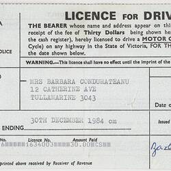 Driver's Licence - Issued to Barbara Condurateanu, Victoria, 24 Dec 1981