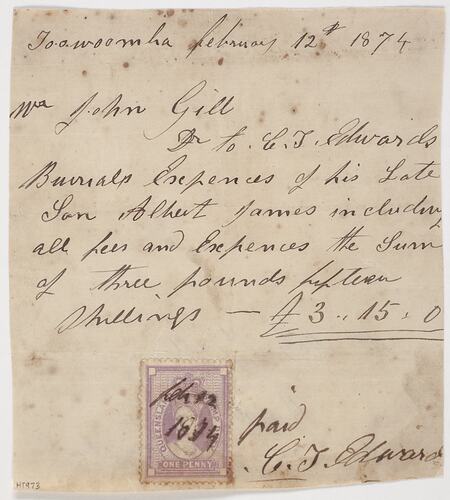 Receipt - Issued to Mr.John Gill, Toowoomba, Queensland, 12 February 1874