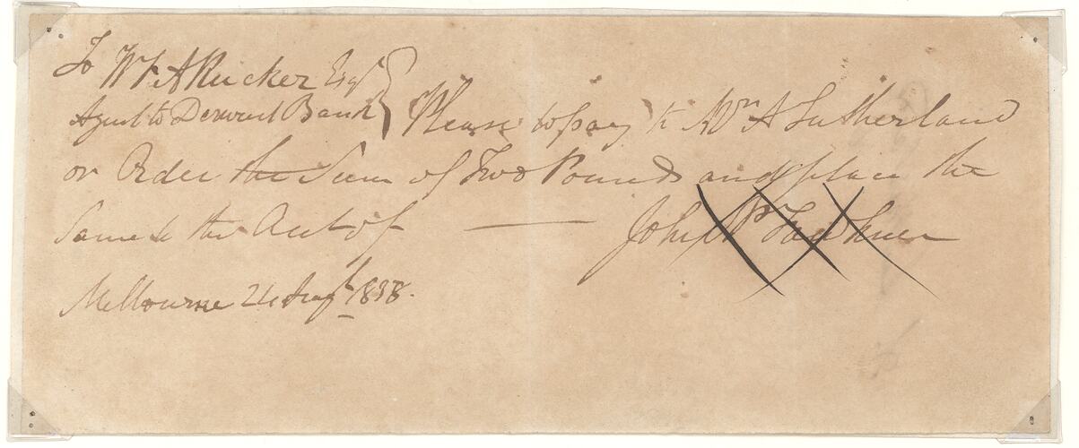 Cheque - 2 Pounds, John Pascoe Fawkner, Derwent Bank, Melbourne, Victoria, Australia, 1838