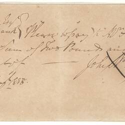 Cheque - 2 Pounds, John Pascoe Fawkner, Derwent Bank, Melbourne, Victoria, Australia, 24 Aug 1838
