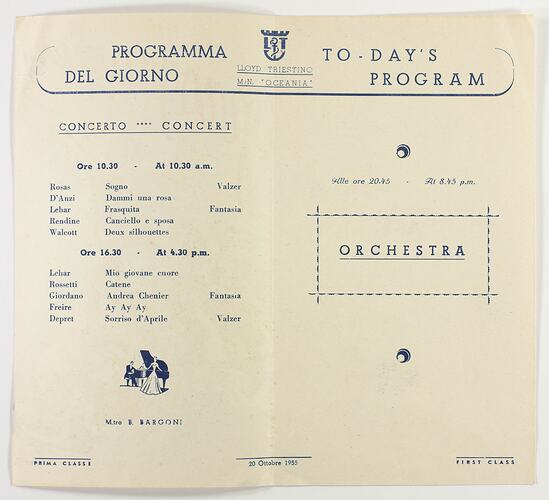 Concert Programme - MV Oceania, Lloyd Triestino Line