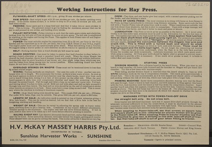 Instruction Leaflet - H.V. McKay Massey Harris, 'Working Instructions for Hay Press', 1952