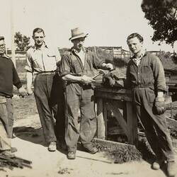 Digital Photograph - Four Men Helping Each Other Build a House, Newport, 1951