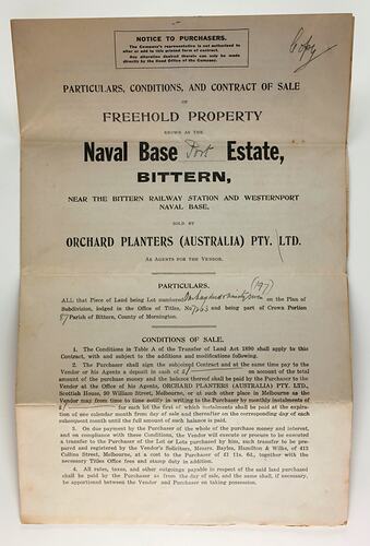 Contract of Sale - Freehold Property, Naval Base Port Estate, Purchased by John Thomas Talbot, from Orchard Planters Pty. Ltd., Bittern, 10 Dec 1918