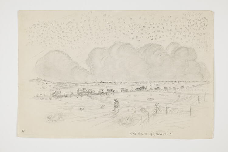 Drawing of landscape with trucks along a road and smoke in the sky.