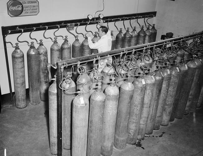 Negative - Coca-Cola, Worker in the CO2 Storage at Factory, Moorabbin, Victoria, Aug 1954