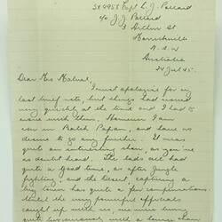 Letter - Leo James Pollard, to Margaret Malval, Thank You & Capture of Balikpapan, 24 Jul 1945