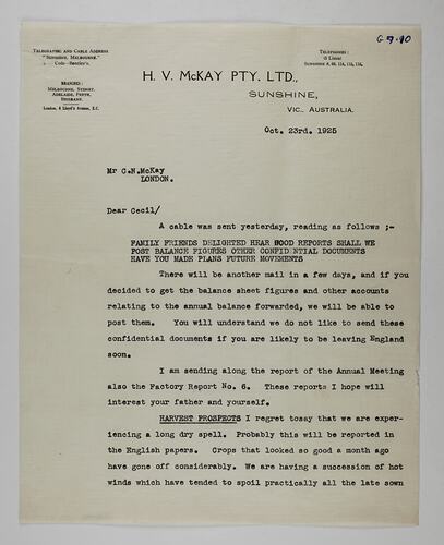 Letter - S. McKay, to Cecil McKay, Local Business News, 23 Oct 1925