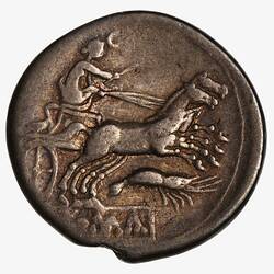 Round coin, aged, figure riding chariot with two horses, with prawn below and crescent moon above.