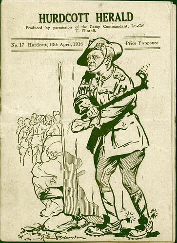 Pale yellow booklet cover with printed text and illustration of soldier in uniform holding a walking stick.