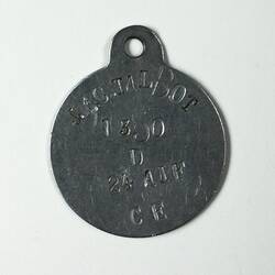 Round metal tag, reading "J. C. Talbot 1350 D 24 AIF CE".