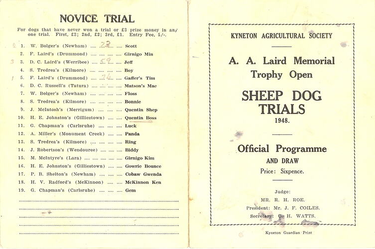 Program - Kyneton Agricultural Society, 'A.A Laird Memorial Trophy Open Sheep Dog Trials', 1948