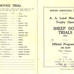 Program - Kyneton Agricultural Society, 'A.A Laird Memorial Trophy Open Sheep Dog Trials', 1948
