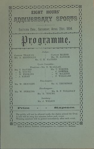 Programme - Eight Hours' Anniversary Sports, Ballarat, 1894
