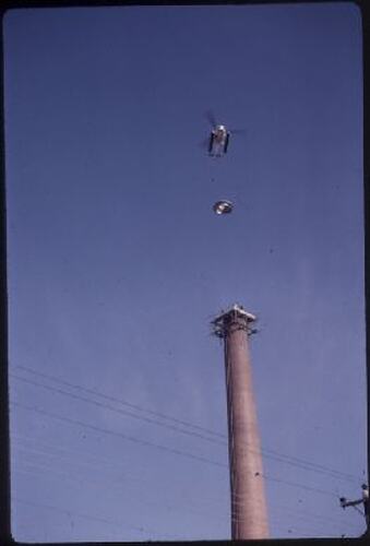 Slide - Helicopter Lifts Lid from Kodak Factory Chimney, Kodak Australasia Pty Ltd, Coburg, Jan 1974