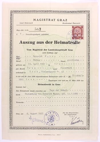 Divorce Certificate - 'Auszug aus der Heimatrolle', Dorothea and Heinrich Huber, Graz, Austria, 8 Aug 1957
