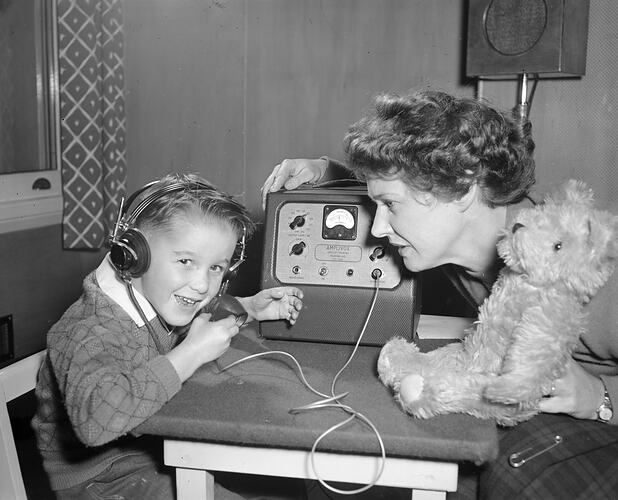 Royal Children's Hospital, Boy Using a Hearing Aid, Victoria, 24 Jun 1959