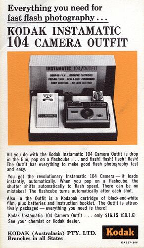 Leaflet printed with text and photo of camera outfit.